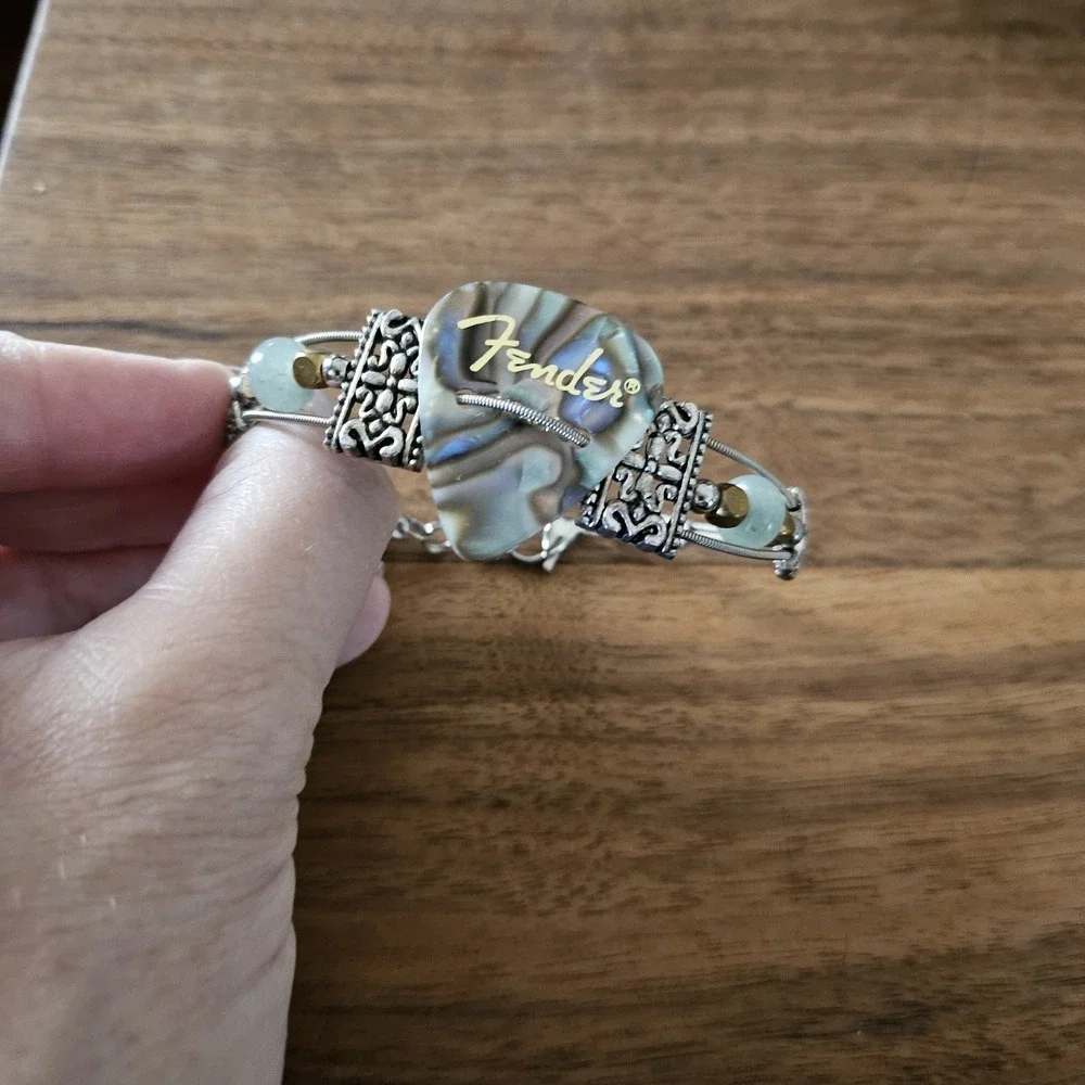 Fender Guitar Pick/String Bracelet Silver/Gold Beads. Boho Rocker Artisan.